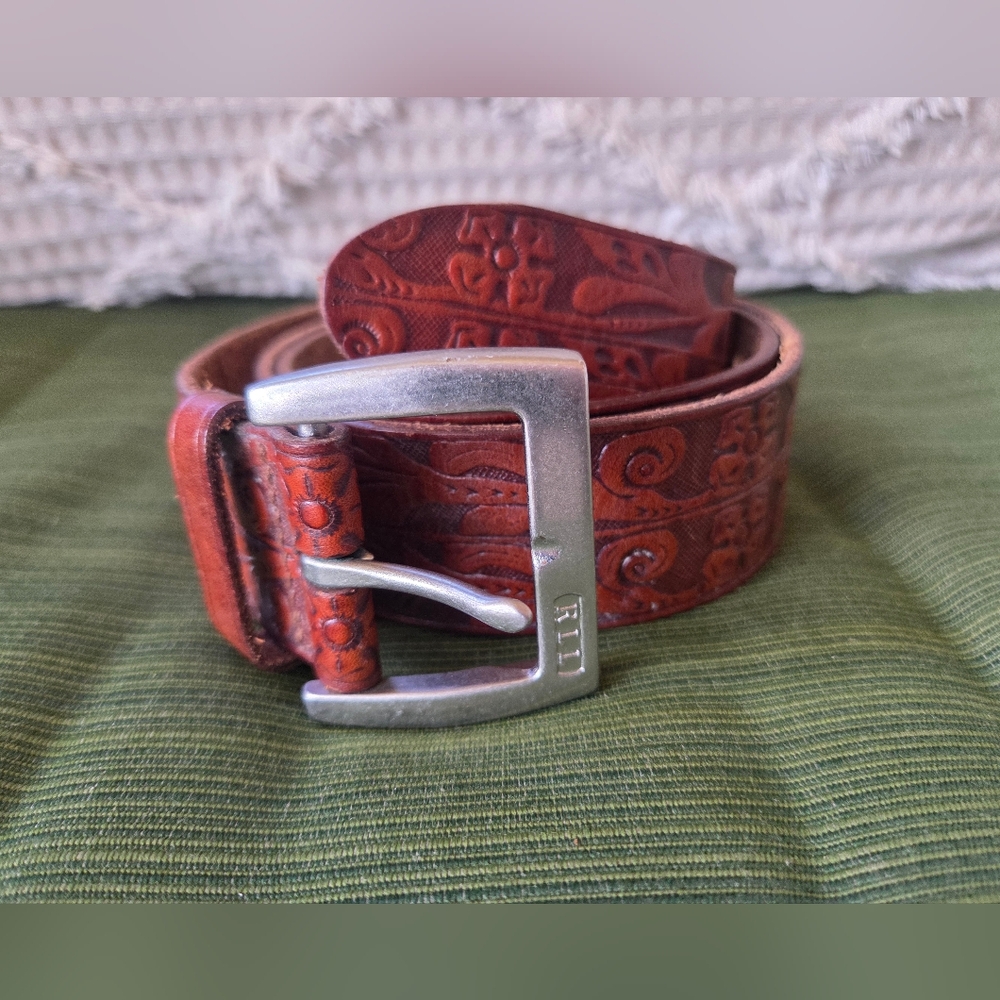 Lauren Ralph Lauren Vtg Leather Belt Silver Buckle Floral Design Embossed Tooled